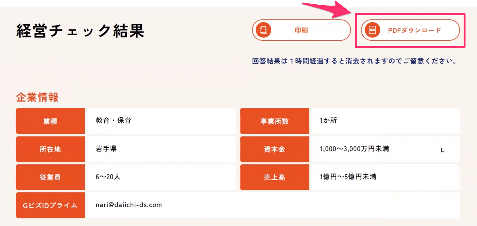 経営チェック結果画面でPDFダウンロードの位置を示した画像